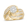 Thumbnail Image 1 of 1 CT. T.W. Multi-Diamond Swirl Frame Triple Row Bypass Ring in 10K Gold