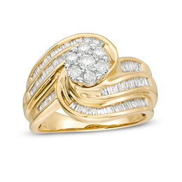 1 CT. T.W. Composite Diamond Frame Multi-Row Swirl Bypass Ring in 10K Gold