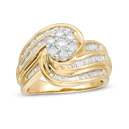 1 CT. T.W. Multi-Diamond Swirl Frame Triple Row Bypass Ring in 10K Gold