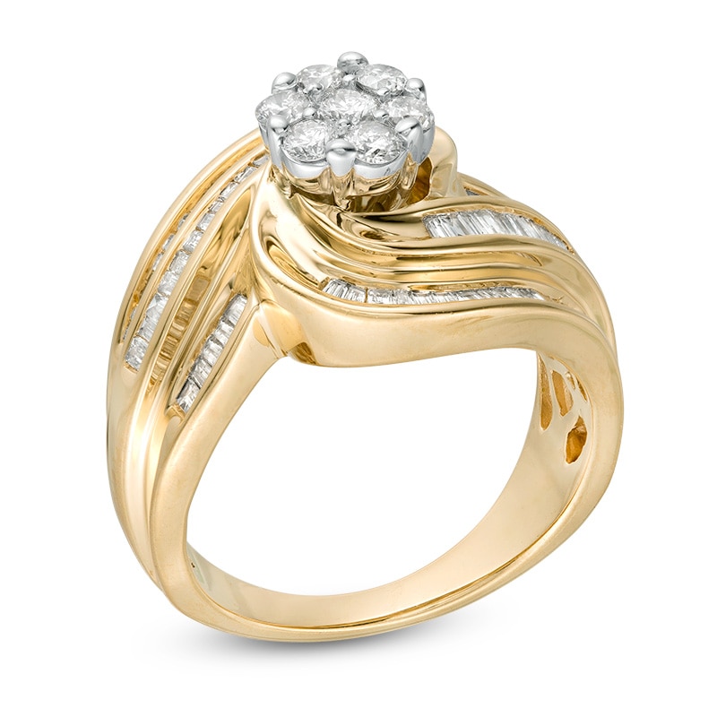 1 CT. T.W. Multi-Diamond Swirl Frame Triple Row Bypass Ring in 10K Gold