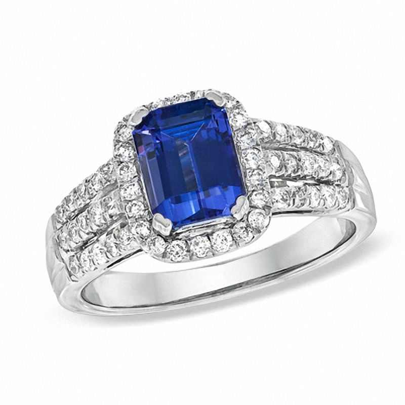 Main Image 1 of Certified Cushion-Cut Tanzanite and 1/3 CT. T.W. Diamond Engagement Ring in 14K White Gold