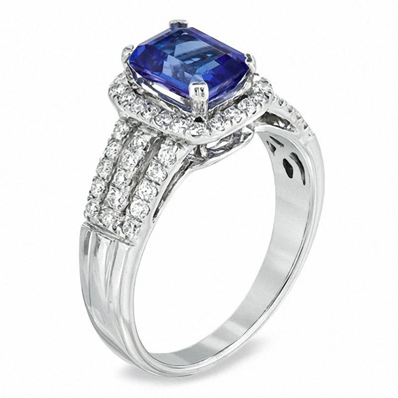Main Image 2 of Certified Cushion-Cut Tanzanite and 1/3 CT. T.W. Diamond Engagement Ring in 14K White Gold
