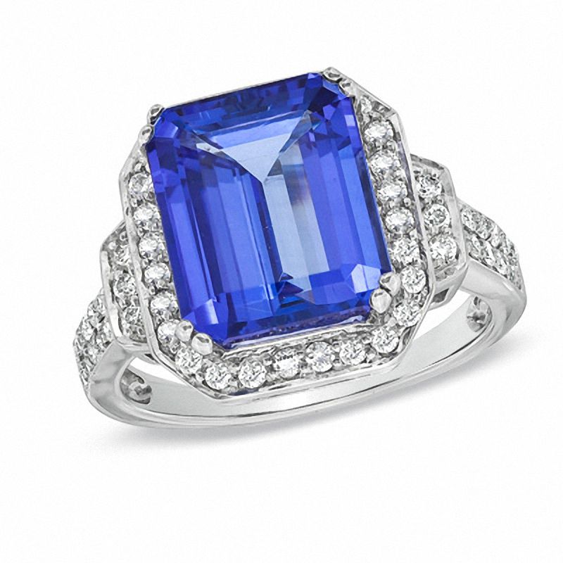 Main Image 1 of Certified Emerald-Cut Tanzanite and 3/8 CT. T.W. Diamond Engagement Ring in 14K White Gold