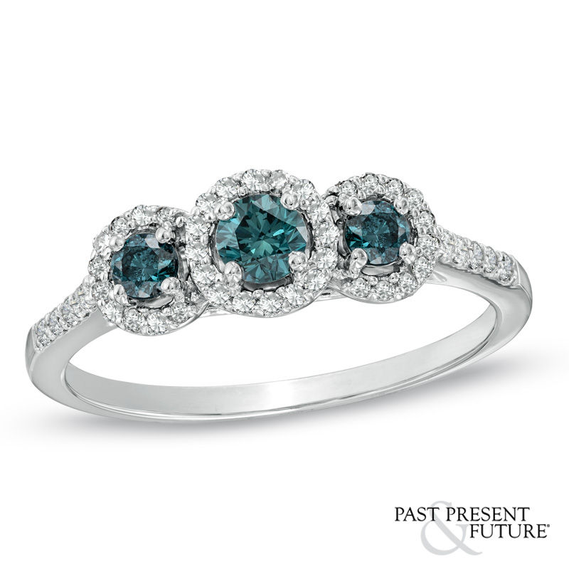 1/2 CT. T.W. Enhanced Blue and White Diamond Past Present Future® Frame Ring in 10K White Gold