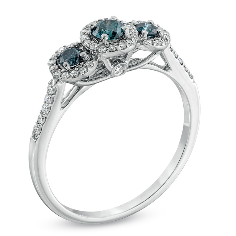 1/2 CT. T.W. Enhanced Blue and White Diamond Past Present Future® Frame Ring in 10K White Gold