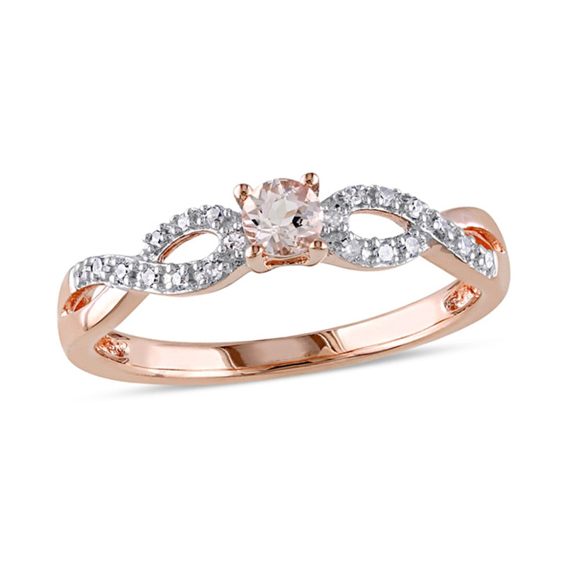 Main Image 1 of 3.5mm Morganite and 1/20 CT. T.W. Diamond Twine Promise Ring in Rose Rhodium Sterling Silver