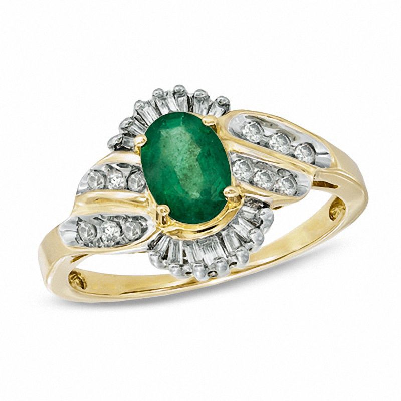 Oval Emerald and 1/3 CT. T.W. Baguette and Round Diamond Ring in 14K Gold