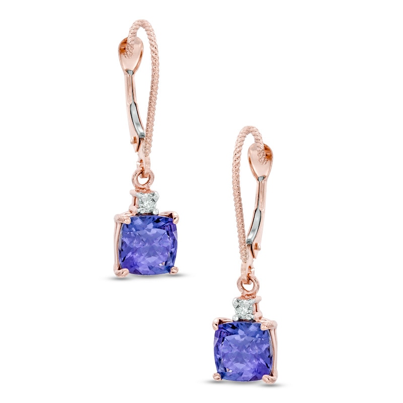 Main Image 1 of 6.0mm Cushion-Cut Tanzanite and Diamond Accent Drop Earrings in 14K Rose Gold