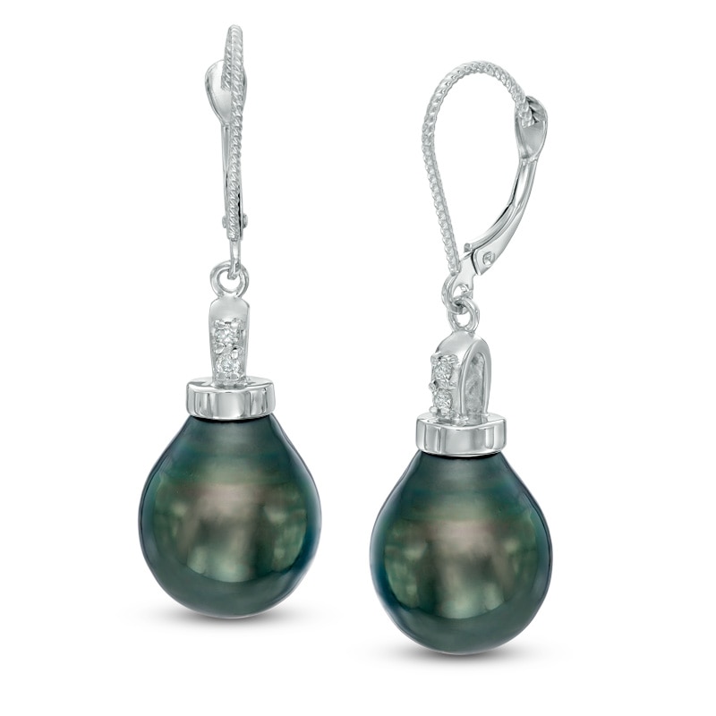 Main Image 1 of 11.0-12.0mm Tahitian Cultured Pearl and Diamond Accent Drop Earrings in 14K White Gold