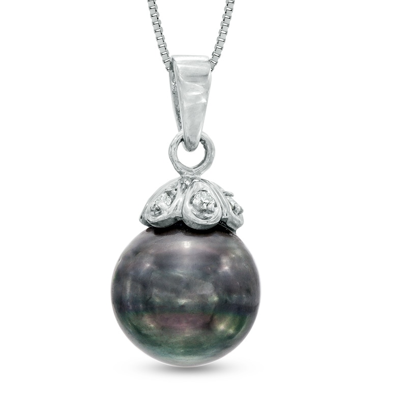 9.0 - 10.0mm Cultured Tahitian Pearl and Diamond Accent Pendant in 14K White Gold