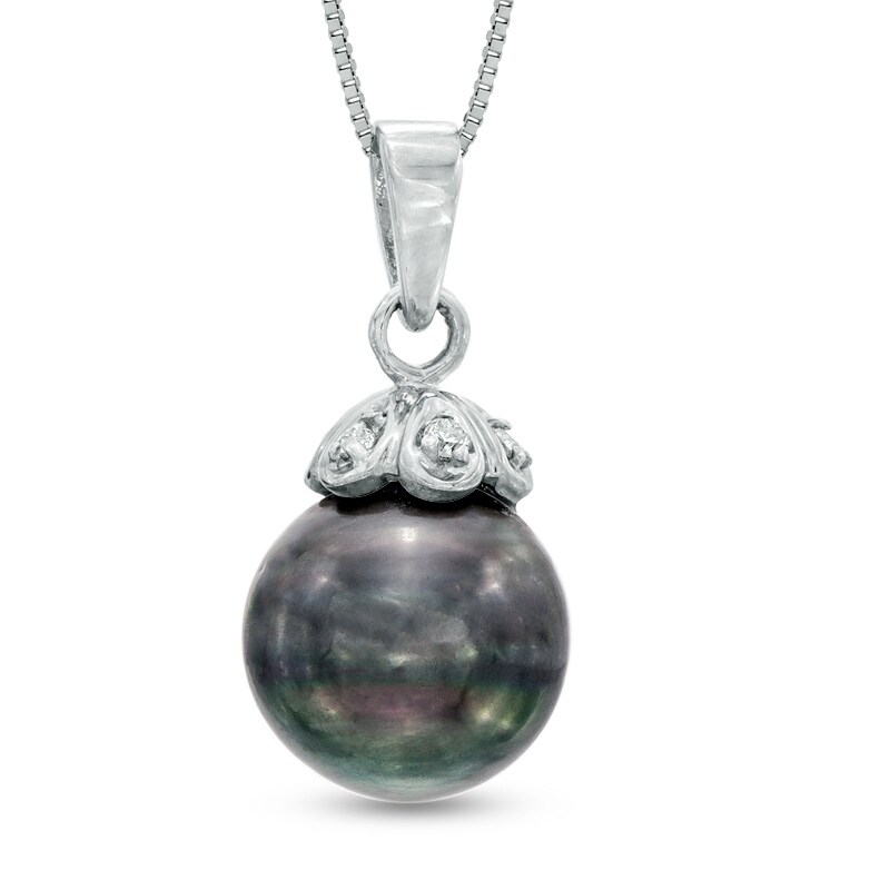 Main Image 1 of 9.0-10.0mm Tahitian Cultured Pearl and Diamond Accent Pendant in 14K White Gold