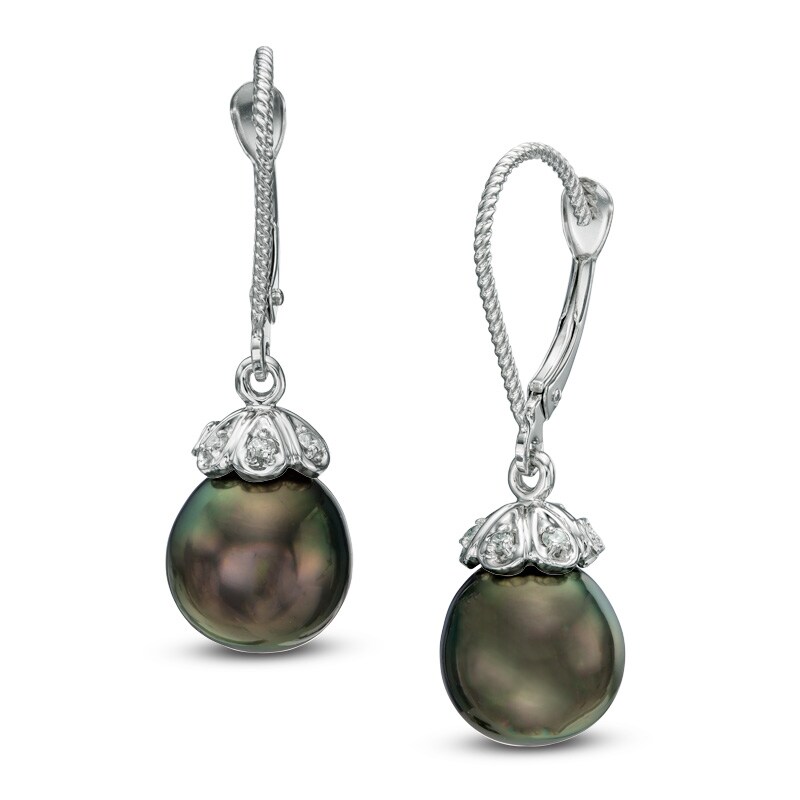Main Image 1 of 9.0-10.0mm Tahitian Cultured Pearl and Diamond Accent Drop Earrings in 14K White Gold