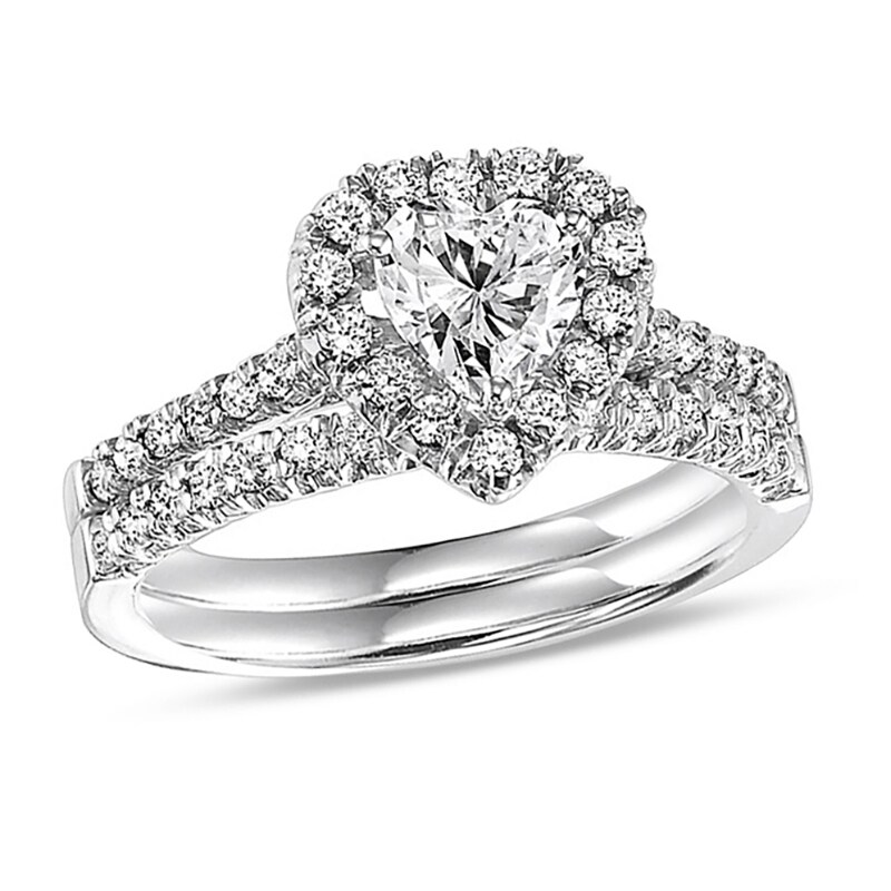 Main Image 1 of 3/4 CT. T.W. Heart-Shaped Diamond Frame Bridal Set in 14K White Gold