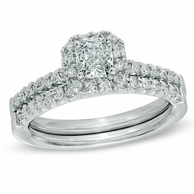 3/4 CT. T.W. Cushion-Cut Diamond Frame Bridal Set in 14K White Gold