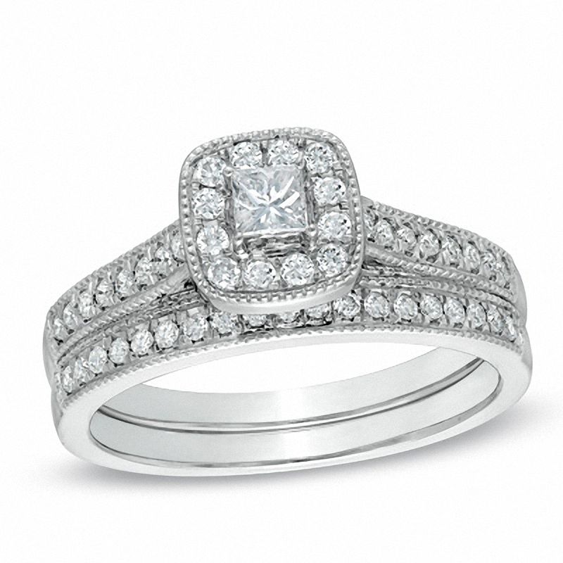 1/2 CT. T.W. Princess-Cut Diamond Vintage-Style Bridal Set in 10K White Gold