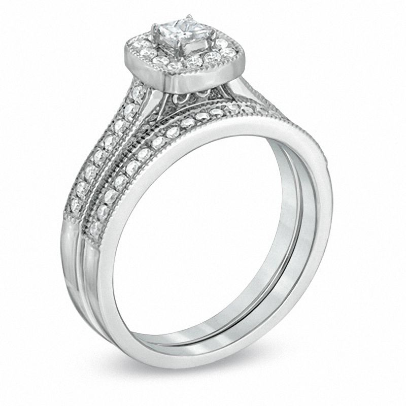 1/2 CT. T.W. Princess-Cut Diamond Vintage-Style Bridal Set in 10K White Gold