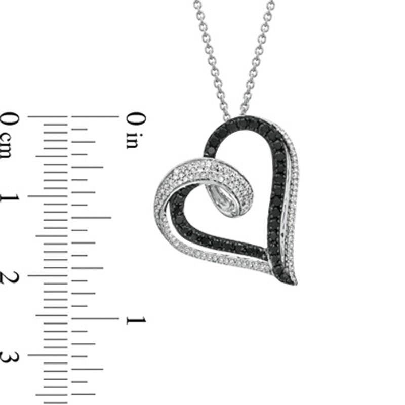1/2 CT. T.W. Enhanced Black and White Diamond Tilted Intertwined Double Heart Pendant in Sterling Silver
