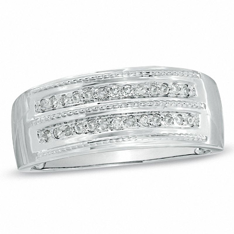 Main Image 1 of Men's 1/5 CT. T.W. Diamond and Milgrain Wedding Band in 10K White Gold