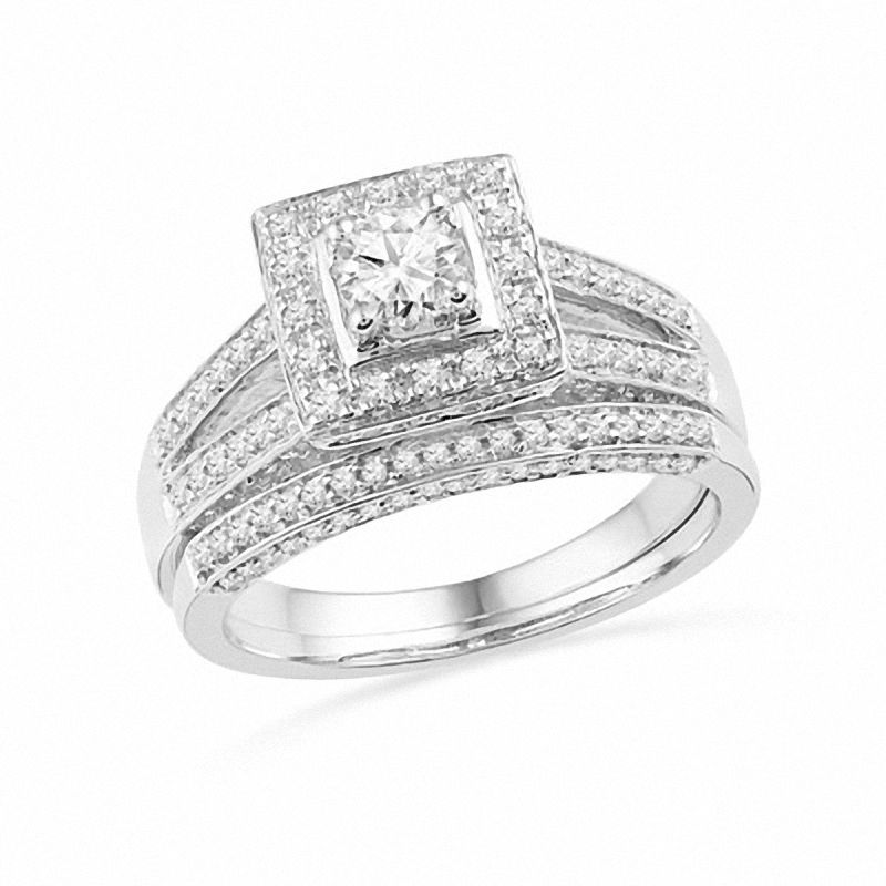 1 CT. T.W. Diamond Square Frame Split Shank Bridal Set in 14K White Gold