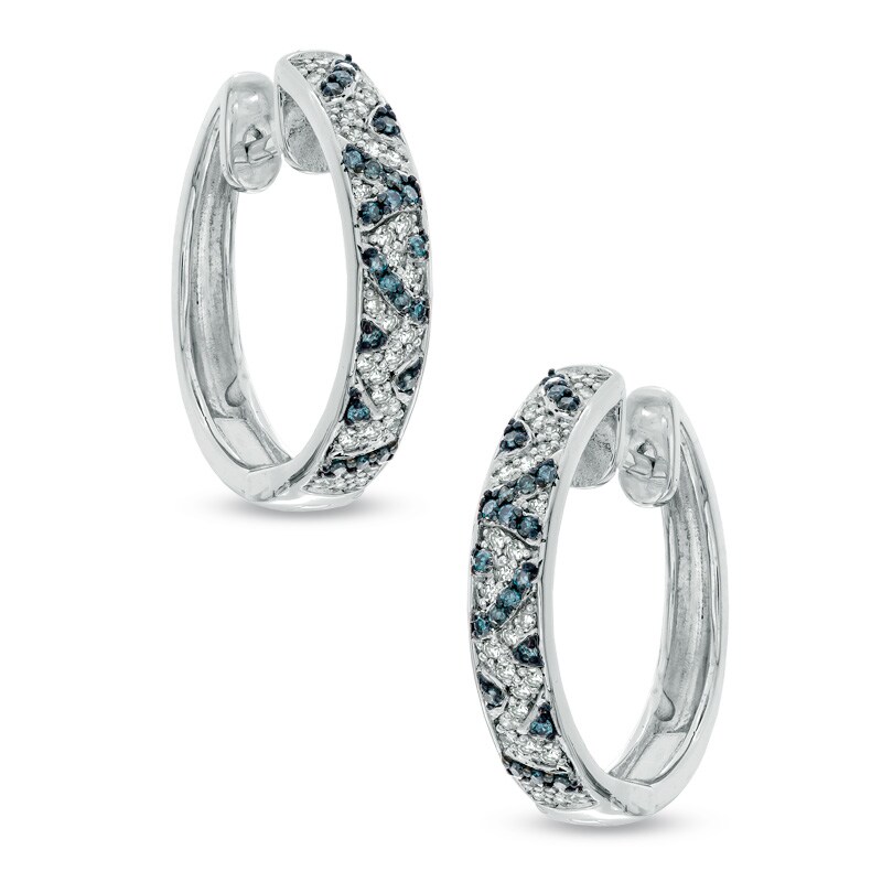 Main Image 1 of 1/2 CT. T.W. Enhanced Blue and White Diamond Striped Hoop Earrings in Sterling Silver