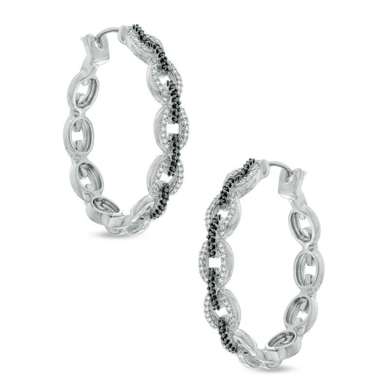 Main Image 1 of 1/2 CT. T.W. Enhanced Black and White Diamond Chain Link Hoop Earrings in Sterling Silver