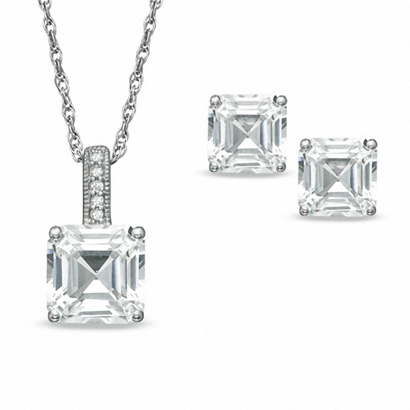 Main Image 1 of Asscher-Cut Lab-Created White Sapphire Pendant and Earrings Set in Sterling Silver