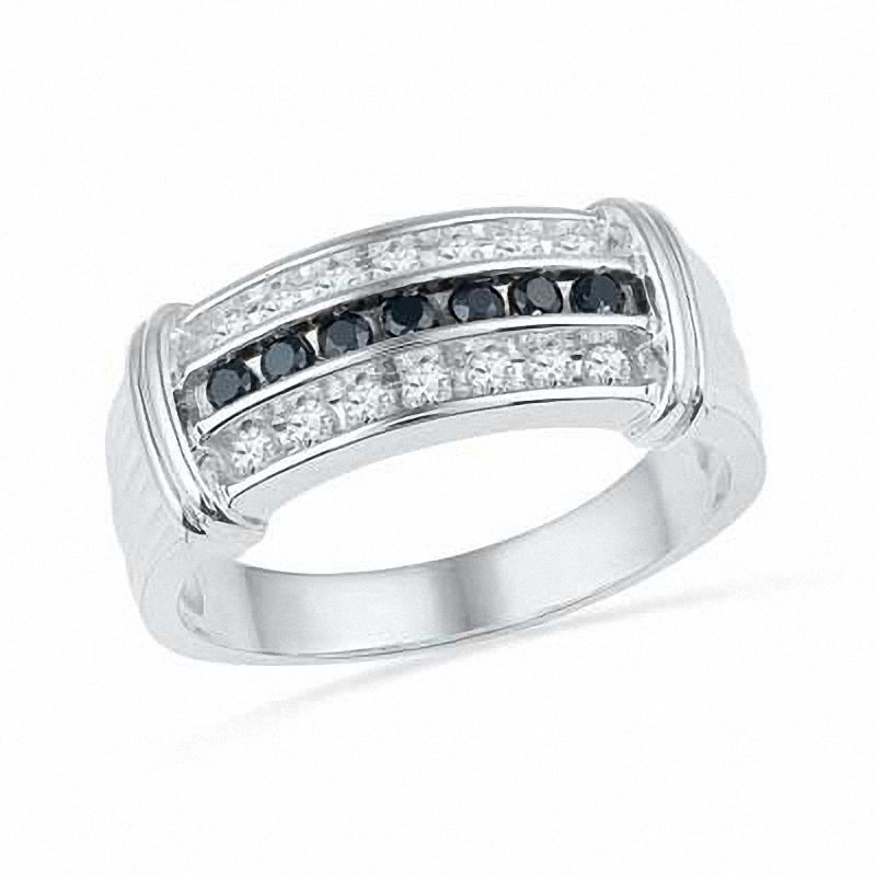 Main Image 1 of Men's 1/2 CT. T.W. Enhanced Black and White Diamond Ring in 10K White Gold