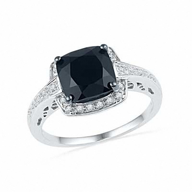7.0mm Cushion-Cut Faceted Onyx and Diamond Accent Frame Ring in Sterling Silver