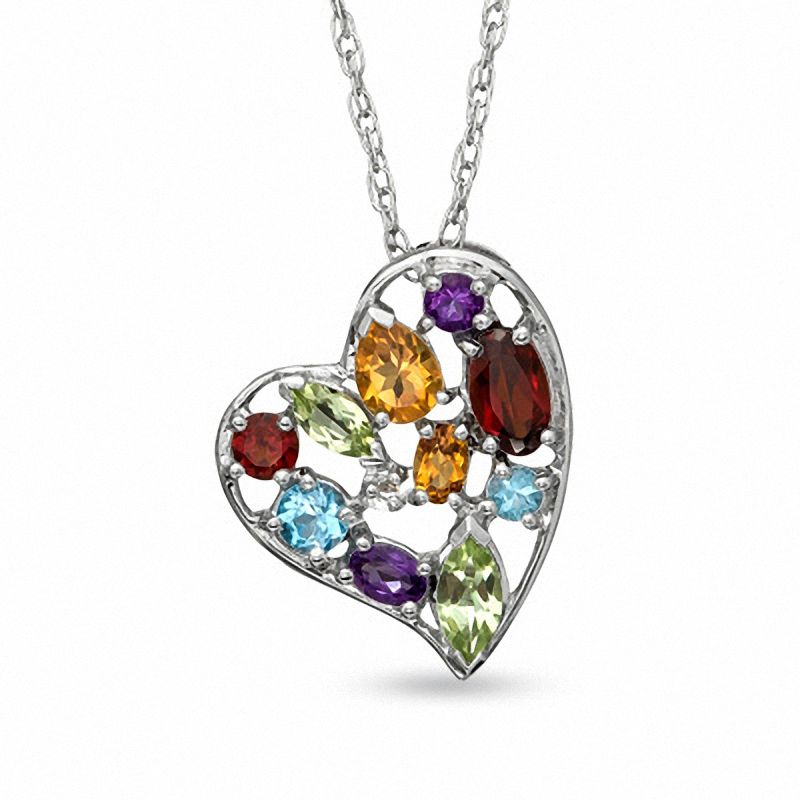 Main Image 1 of Multi-Gemstone and Diamond Accent Heart Pendant in Sterling Silver