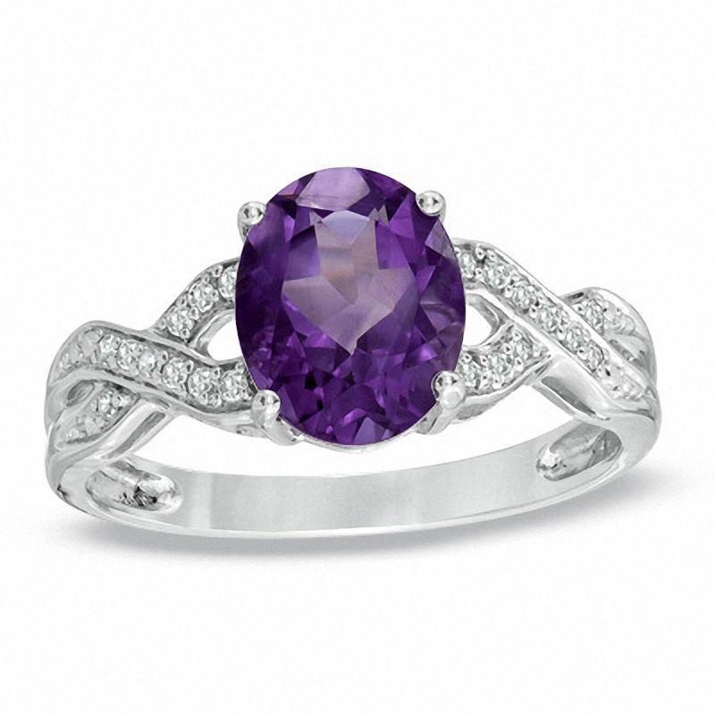 Oval Amethyst and 1/10 CT. T.W. Diamond Ring in 14K White Gold