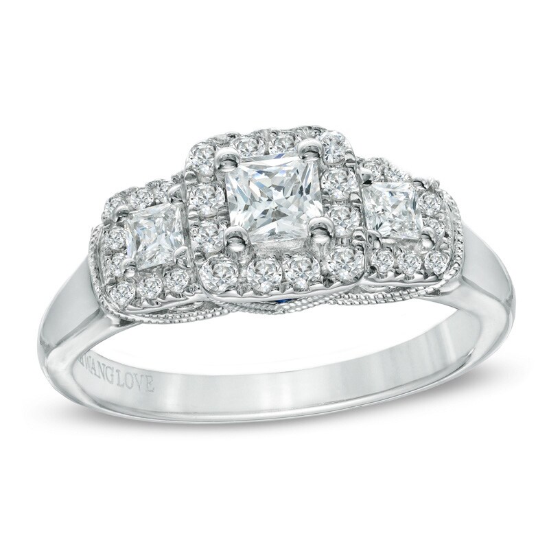 Main Image 1 of Vera Wang Love Collection 3/4 CT. T.W. Princess-Cut Diamond Three Stone Engagement Ring in 14K White Gold