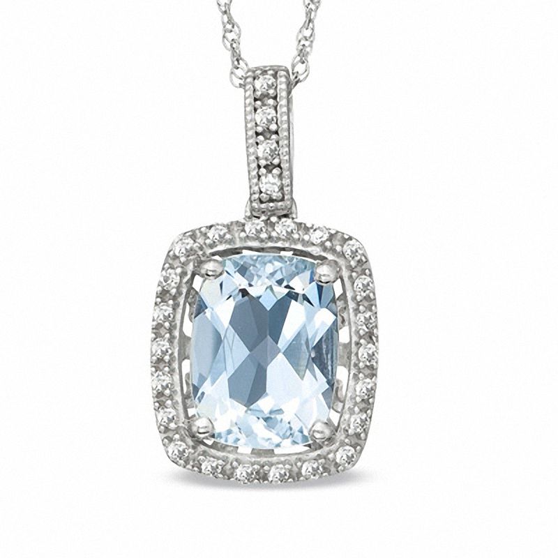 Main Image 1 of Cushion-Cut Aquamarine and Lab-Created White Sapphire Pendant in 14K White Gold