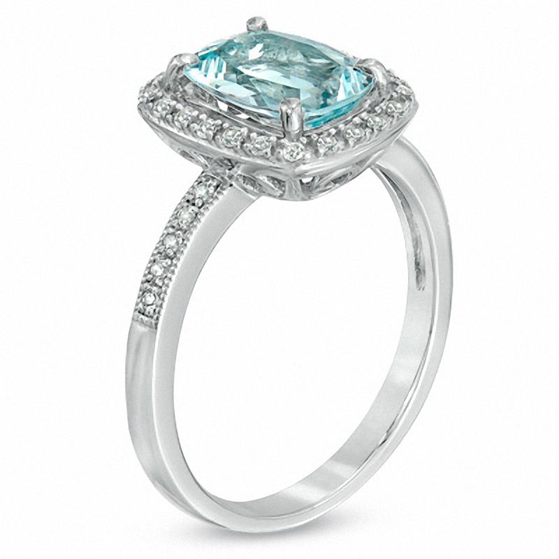 Main Image 2 of Cushion-Cut Aquamarine and Lab-Created White Sapphire Ring in 14K White Gold