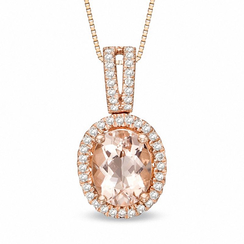 Main Image 1 of Oval Morganite and 1/5 CT. T.W. Diamond Pendant in 14K Rose Gold