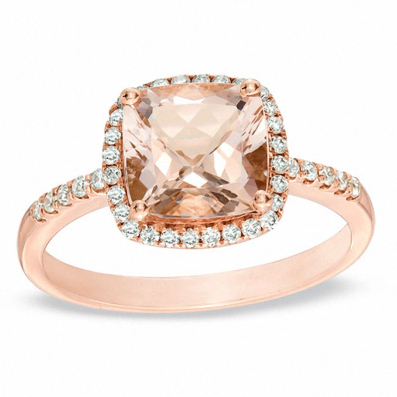 Main Image 1 of 8.0mm Cushion-Cut Morganite and 1/5 CT. T.W. Diamond Frame Ring in 14K Rose Gold