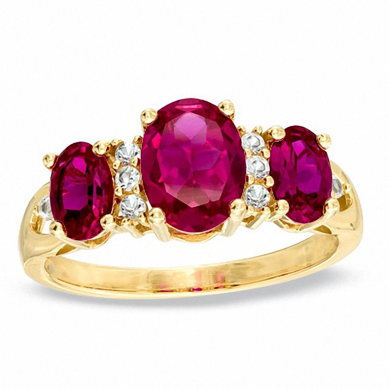 Oval Lab-Created Ruby and White Sapphire Three Stone Ring in 14K Gold