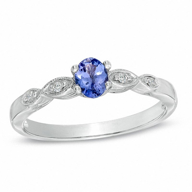 Main Image 1 of Oval Tanzanite and Diamond Accent Vintage-Style Ring in 14K White Gold