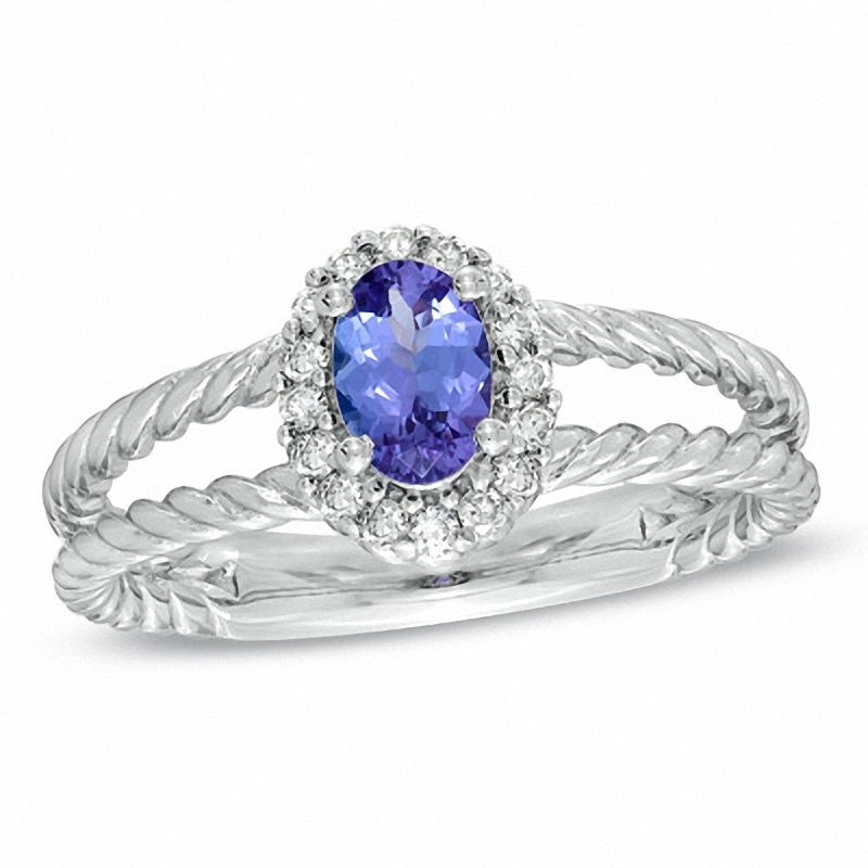 Main Image 1 of Oval Tanzanite and 1/6 CT. T.W. Diamond Double Rope Ring in 14K White Gold