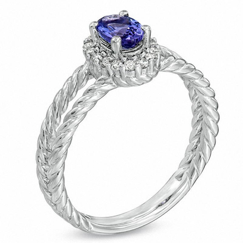Oval Tanzanite and 1/6 CT. T.W. Diamond Double Rope Ring in 14K White Gold