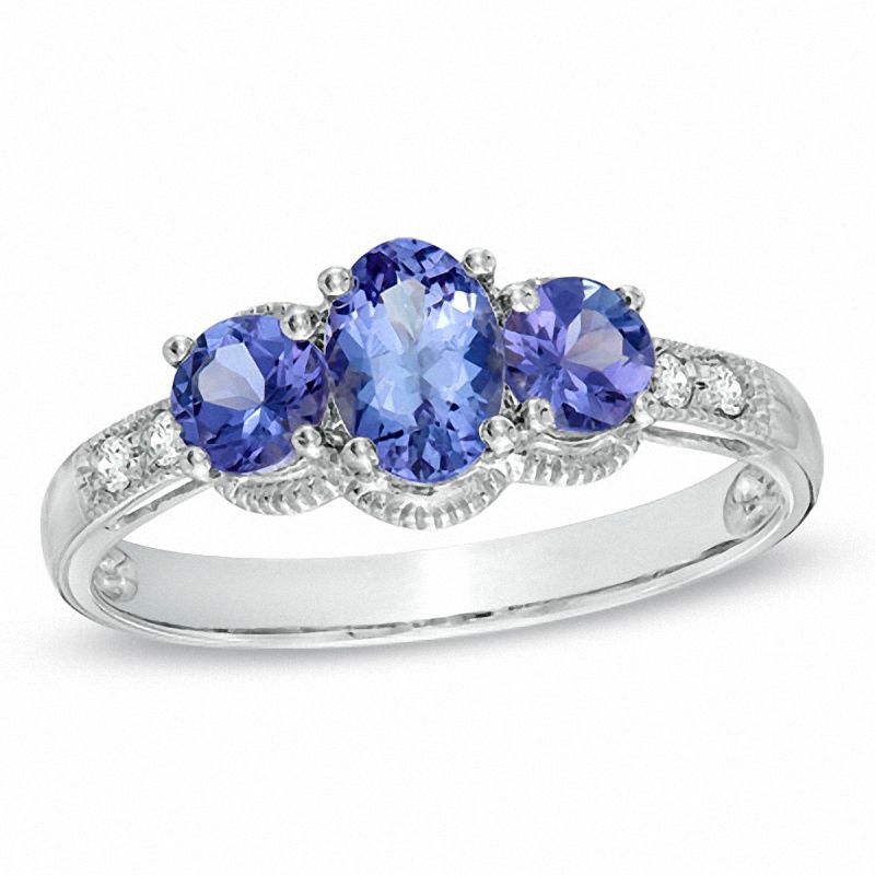 Main Image 1 of Oval Tanzanite and Diamond Accent Three Stone Milgrain Ring in 14K White Gold