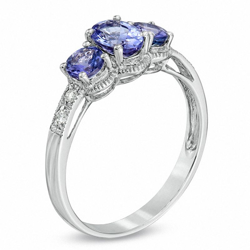 Main Image 2 of Oval Tanzanite and Diamond Accent Three Stone Milgrain Ring in 14K White Gold