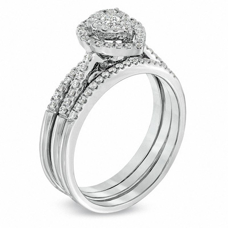 Main Image 2 of 1/2 CT. T.W. Diamond Cluster Pear-Shaped Frame Three Piece Bridal Set in 10K White Gold