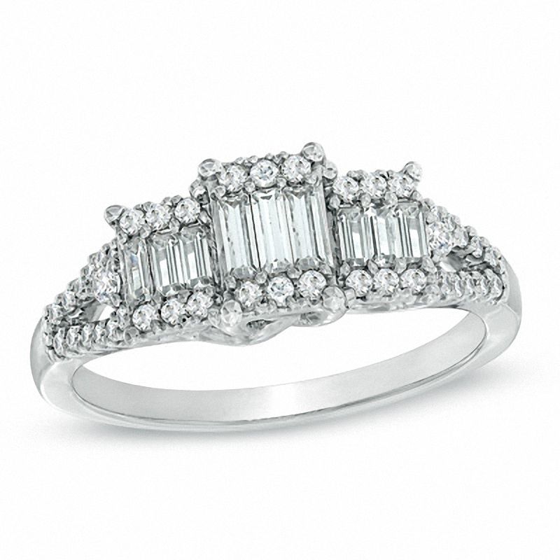 Main Image 1 of 1/2 CT. T.W. Baguette Diamond Three Stone Ring in 14K White Gold