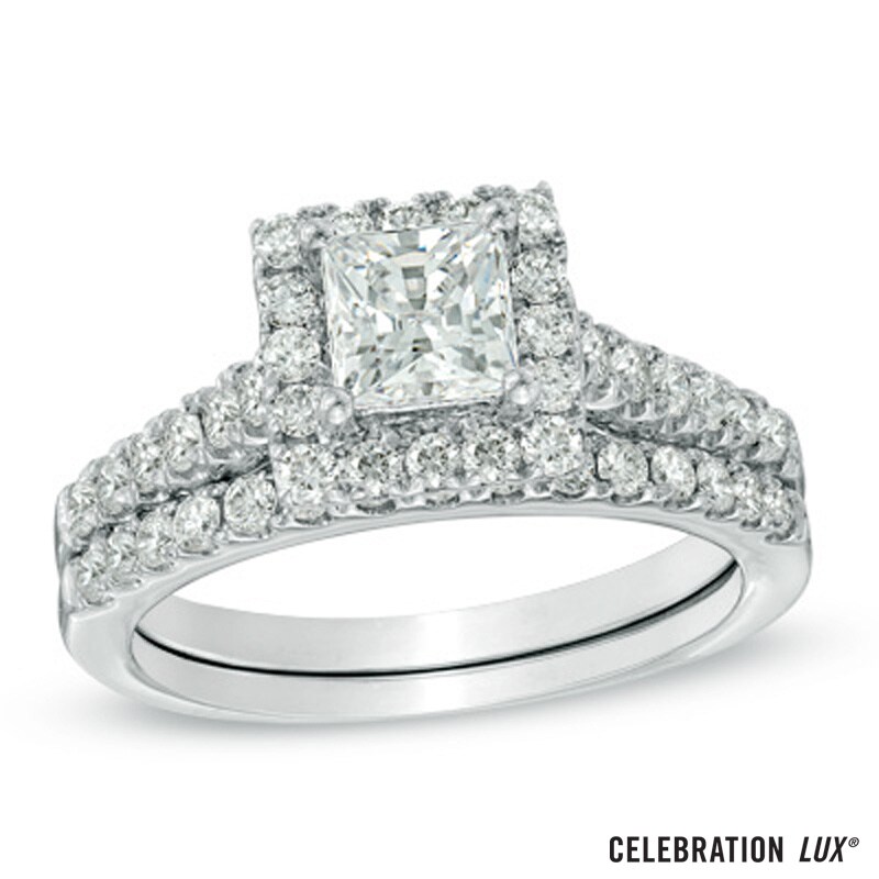 Main Image 1 of Celebration 102® 1-1/2 CT. T.W. Princess-Cut Diamond Bridal Set in 18K White Gold (I/SI2)