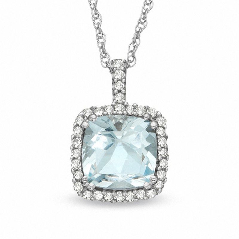 Main Image 1 of 6.0mm Cushion-Cut Aquamarine and Diamond Accent Frame Pendant in 14K White Gold