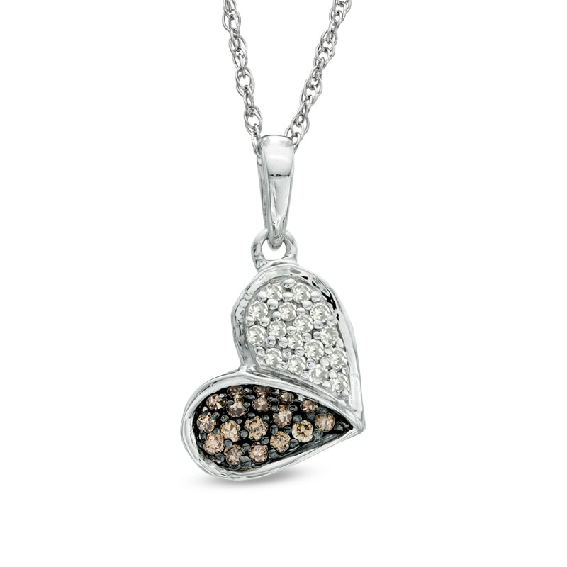 1/4 CT. T.W. Champagne and White Diamond Tilted Heart Pendant in Sterling Silver