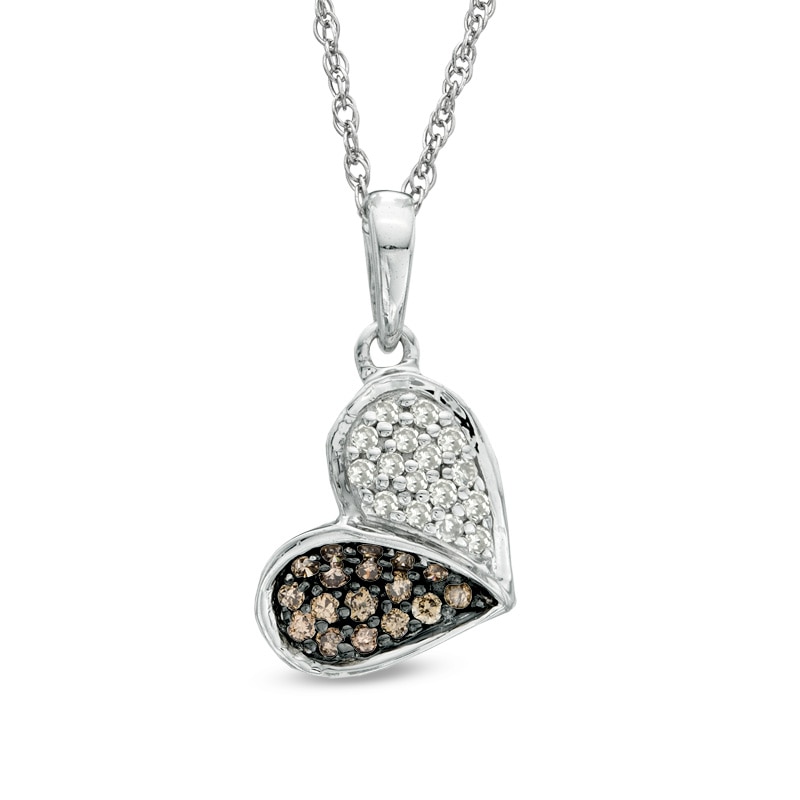 Main Image 1 of 1/4 CT. T.W. Champagne and White Diamond Tilted Heart Pendant in Sterling Silver