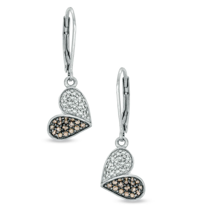 1/2 CT. T.W. Champagne and White Diamond Tilted Heart Drop Earrings in Sterling Silver