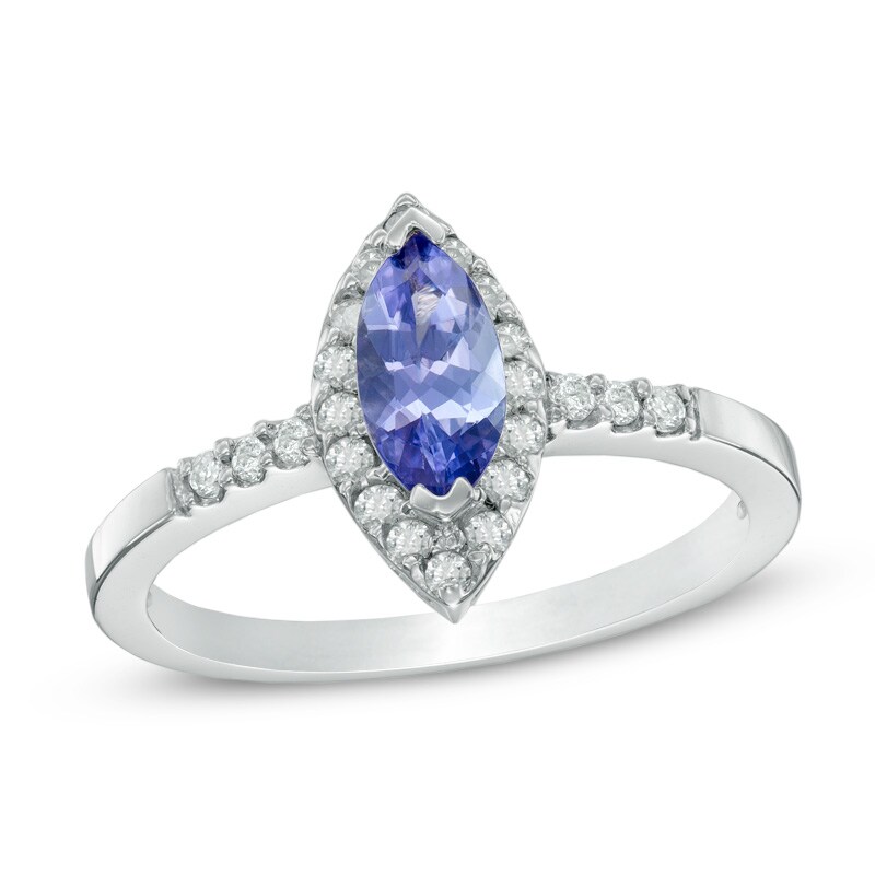 Main Image 1 of Marquise-Cut Tanzanite and 1/5 CT. T.W. Diamond Frame Ring in 14K White Gold