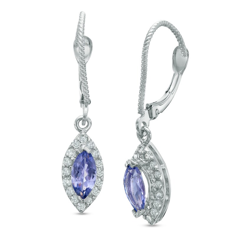 Main Image 1 of Marquise-Cut Tanzanite and 1/4 CT. T.W. Diamond Frame Drop Earrings in 14K White Gold